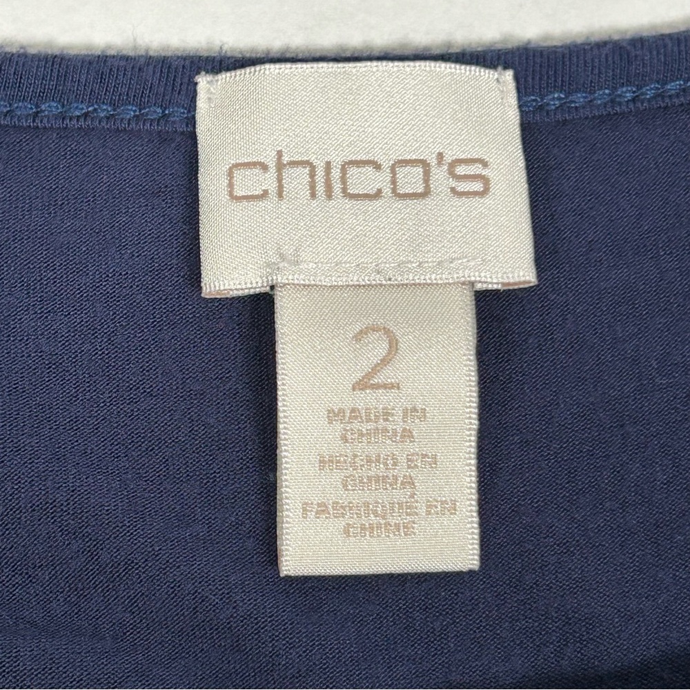 Chico's Size 2 (Large) Blue Multicolor Peacock Velour Burnout Side Tie Blouse - Picture 3 of 9